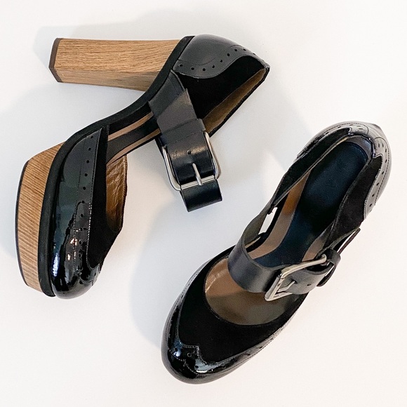Marni Shoes - Marni Black Patent & Suede Mary Jane Platform Wood Block Heels | 7 US / 38.5 EU